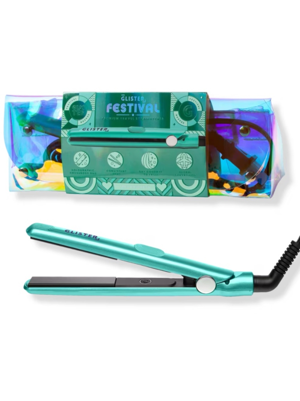 Glister Tourmaline Gem Mini Flat Iron with Holographic Bandolier Bag